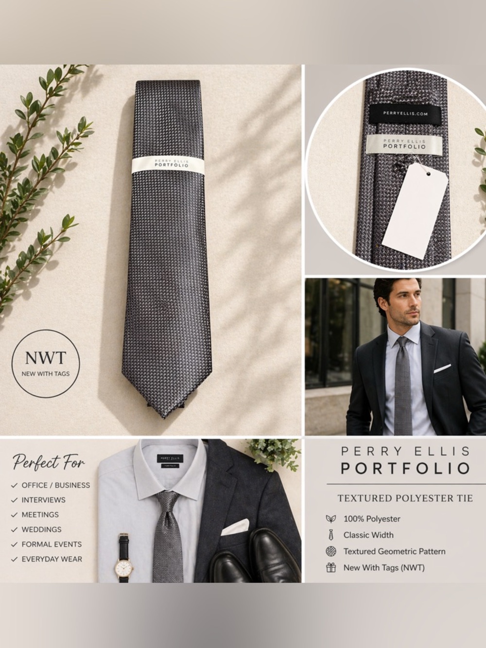 NWT Perry Ellis Charcoal Gray Micro-Pattern Men's Tie